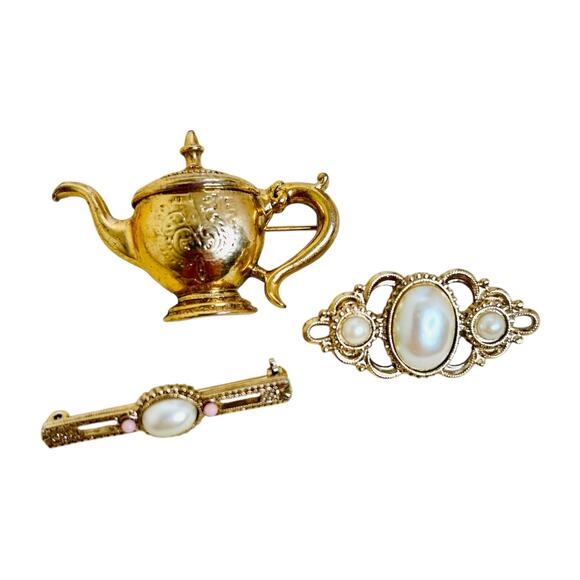 1928 Pins Lot Gold Tone Lamp Faux Pearl Bar Pin Ornate Pin Lot of Three Pins - Picture 1 of 4